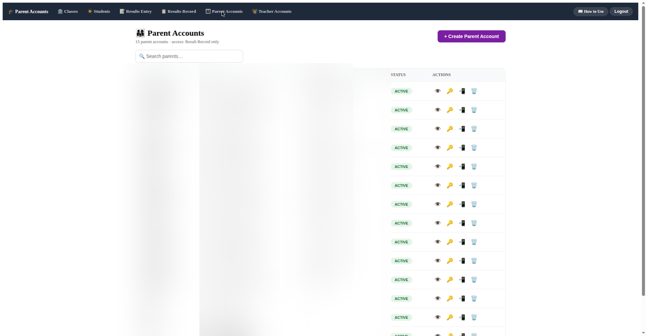 Parent accounts management page in Result Sending Software