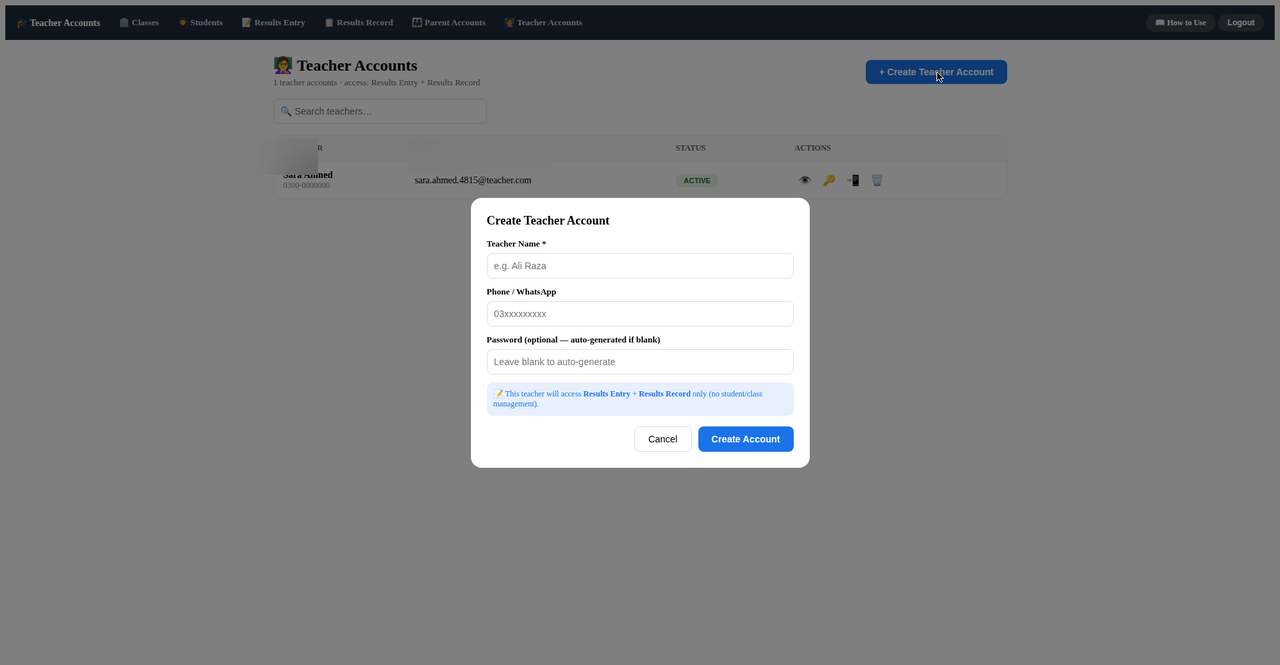 Teacher accounts page with create-teacher dialog in Result Sending Software