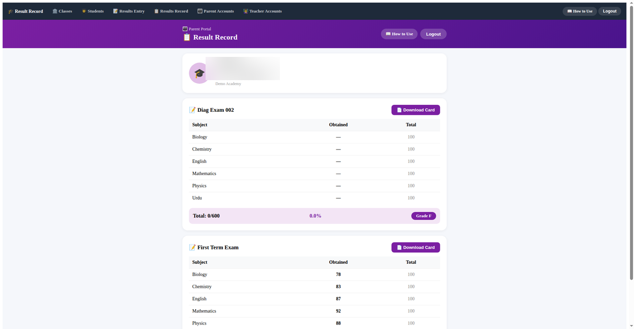 Parent portal showing a child's result card in Result Sending Software