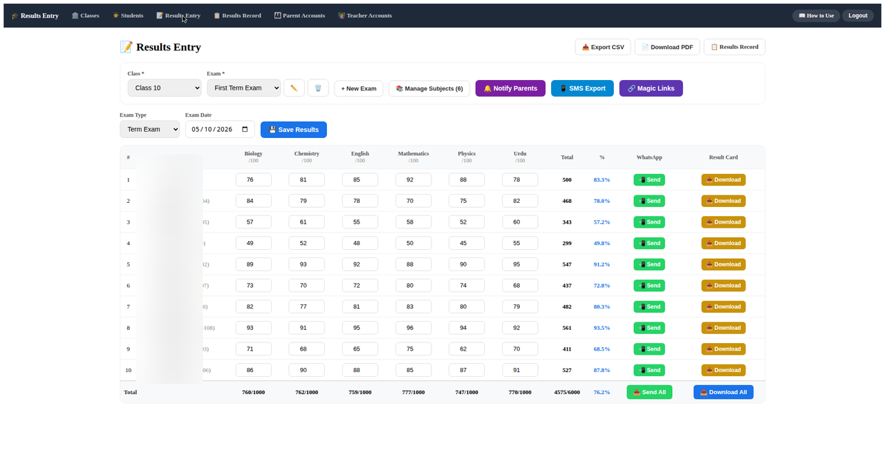 Results entry marks grid in Result Sending Software