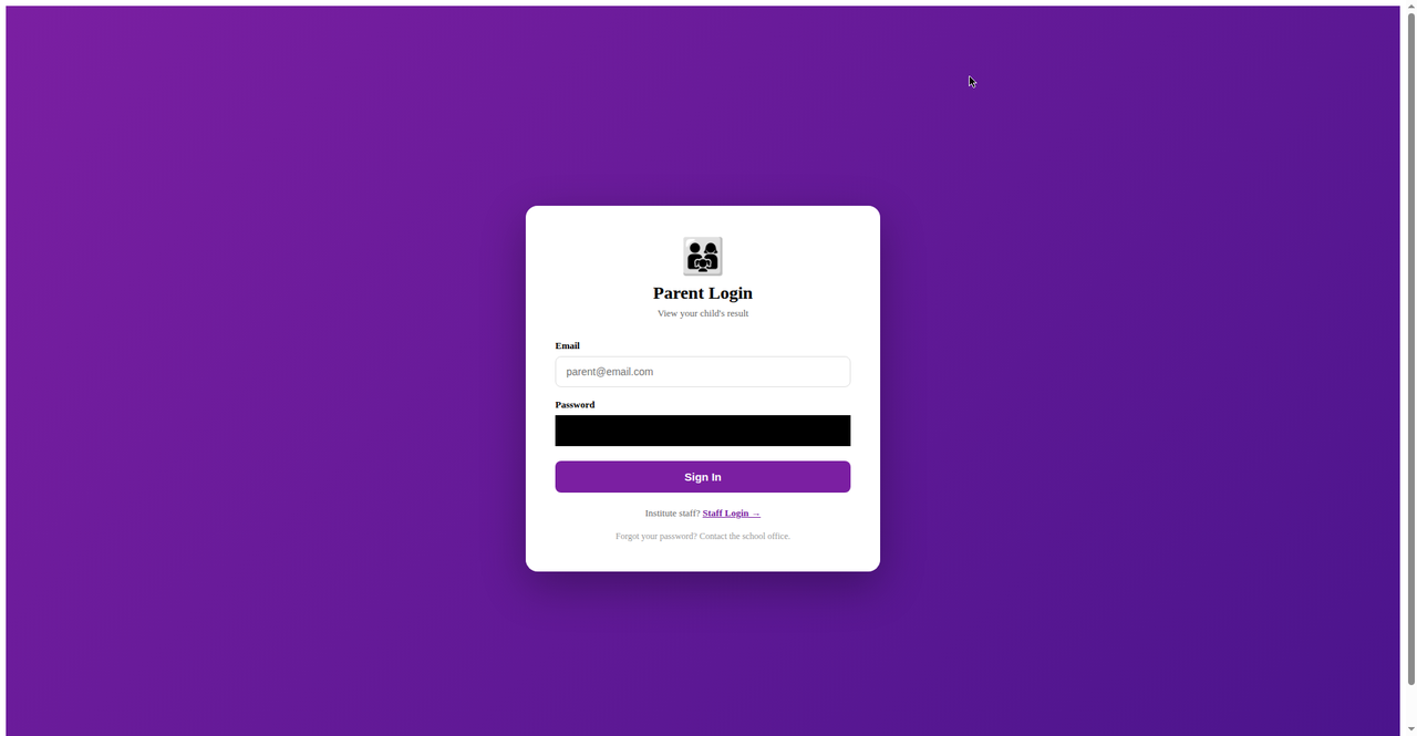 Parent sign-in page of Result Sending Software