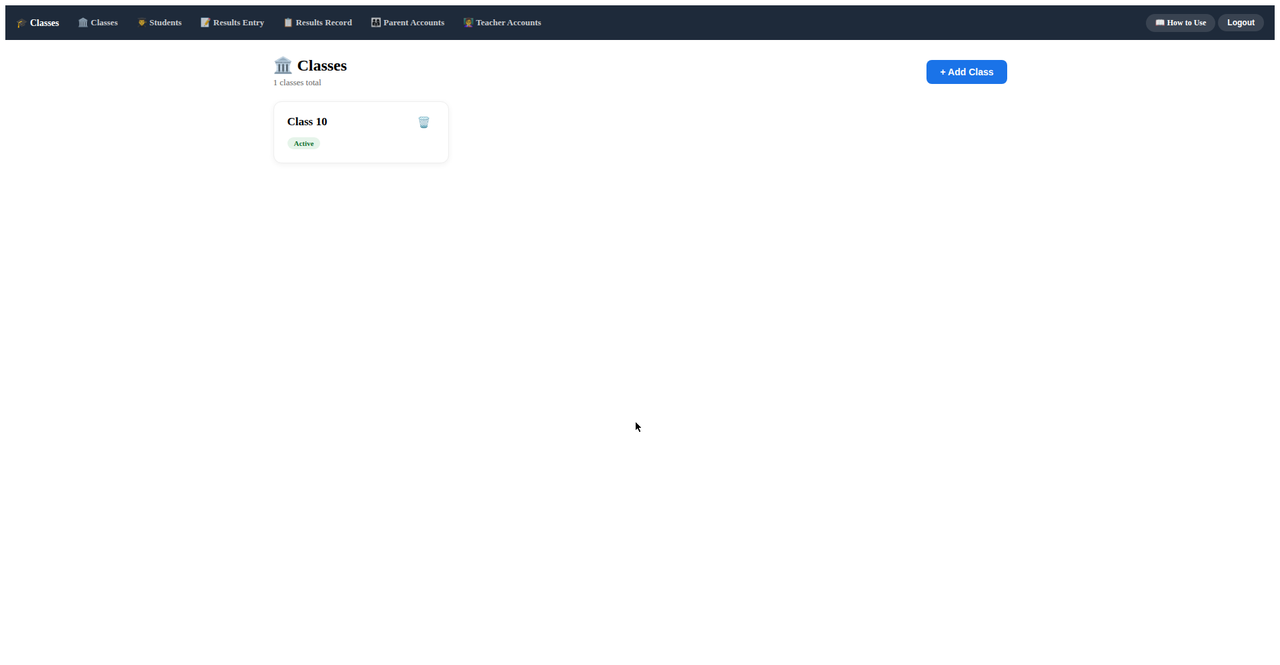 Classes page showing a class card in Result Sending Software
