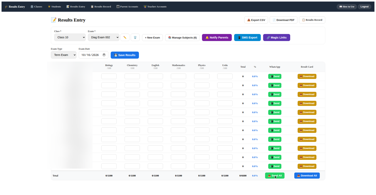 Results entry grid with per-student WhatsApp send buttons and Send All in Result Sending Software